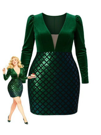 Green 1960s Seuqins V-Neck Velvet Bodycon Dress - vintage dress, retro fashion
