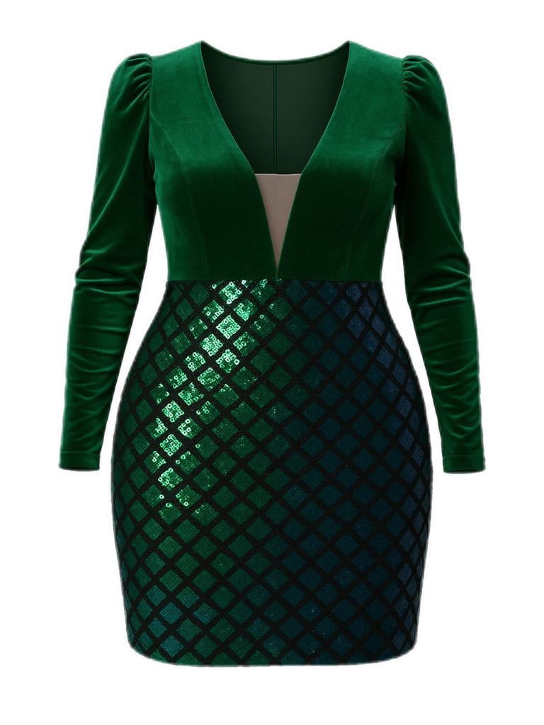 Green 1960s Seuqins V-Neck Velvet Bodycon Dress - vintage dress, retro fashion