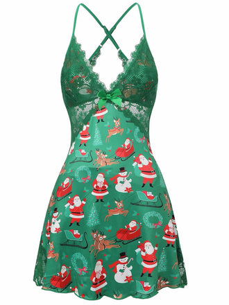 She slips into this Green 1960s Slip Christmas Print Bow Nightgown and suddenly it's a 1960s daydream
