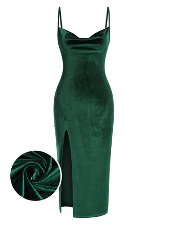 She slips into this Green 1960s Slit Suspender Velvet Dress and suddenly it's a 1960s daydream