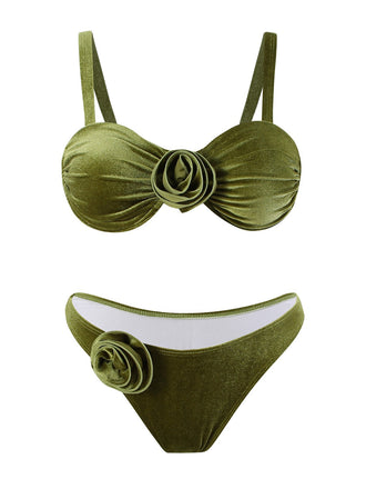 Green 1960s Solid Velvet 3D Rose Bikini Set - vintage fashion, retro style