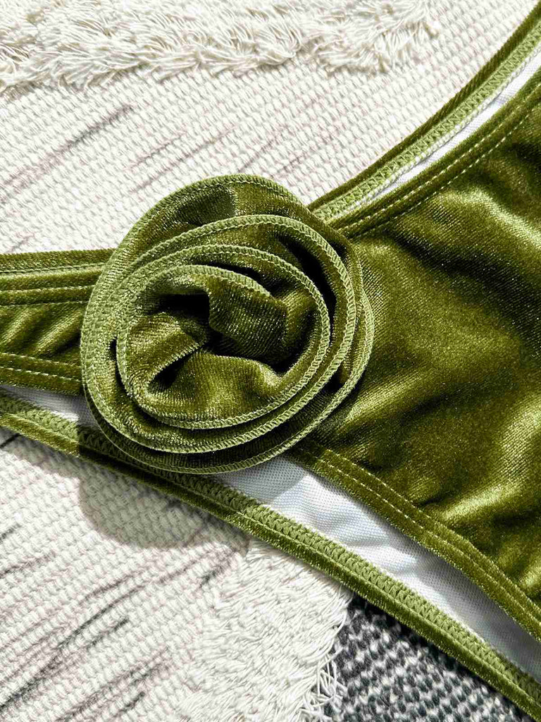 Green 1960s Solid Velvet 3D Rose Bikini Set - vintage fashion, retro style