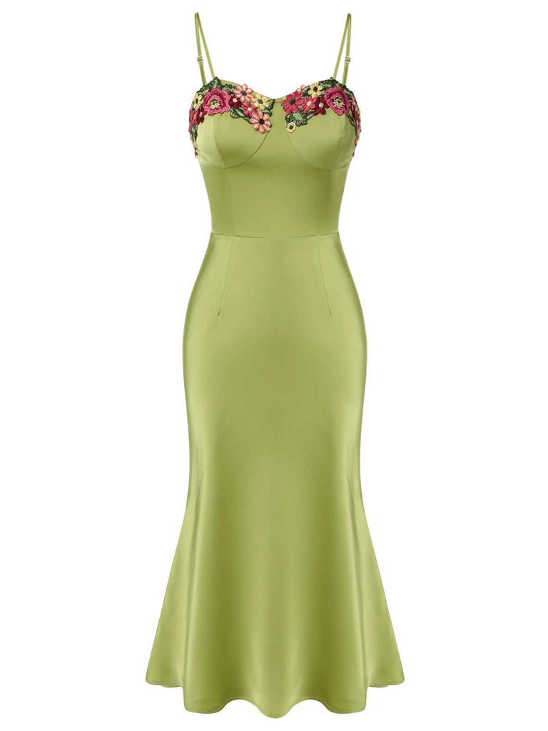 Green 1960s Spaghetti Strap 3D Floral Dress: where 1960s romance meets her modern spirit