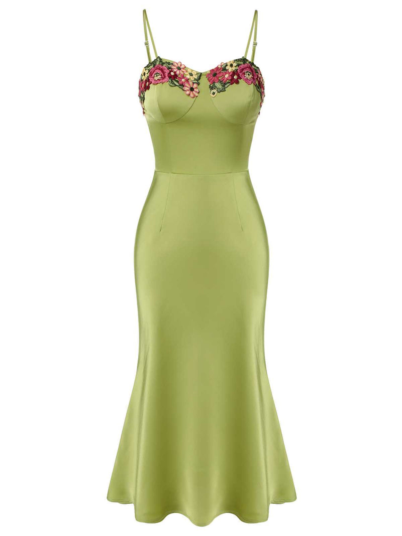 Retro Stage Satin Green Dress Formal Wedding Guest Dress Elegant Evening Gown Strappy 3D Floral Maxi Slip Dress