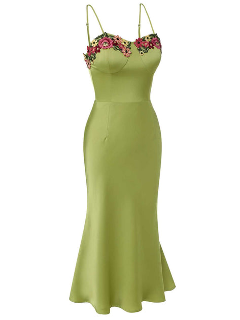 Green 1960s Spaghetti Strap 3D Floral Dress | Retro Stage Green 1960s Spaghetti Strap 3D Floral Dress | Retro Stage