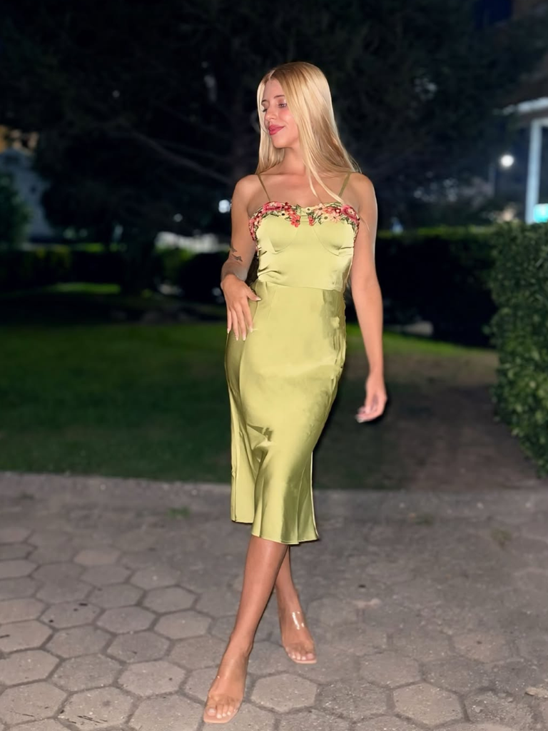 Green 1960s Spaghetti Strap 3D Floral Dress - vintage dress, retro fashion