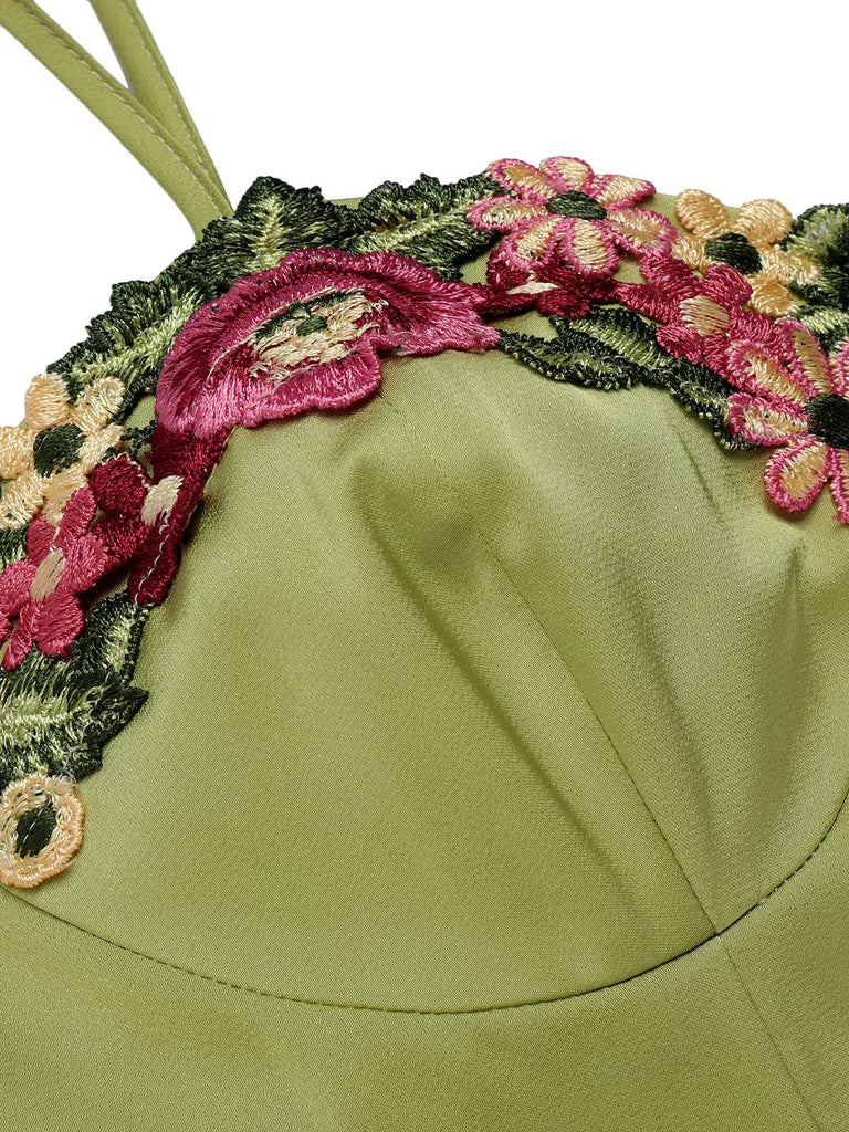 Green 1960s Spaghetti Strap 3D Floral Dress — a 1960s silhouette that turns sidewalks into runways