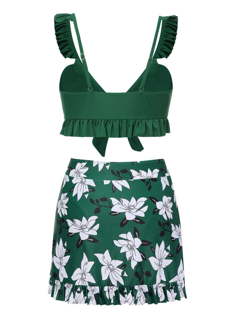 This Green 1960s Strap Floral Ruffles Swimsuit carries 1960s vacation dreams in every stitch