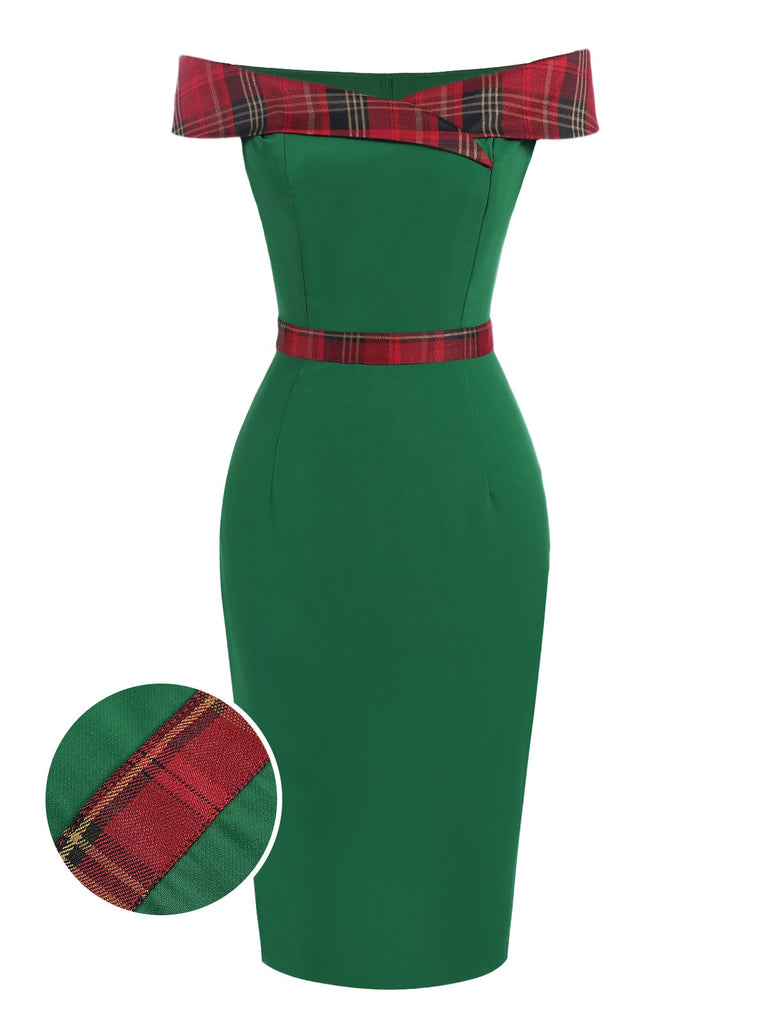 Vintage Tartan Patchwork Off-Shoulder Christmas Pencil Dress Green Vintage Tartan Patchwork Off-Shoulder Christmas Pencil Dress Green