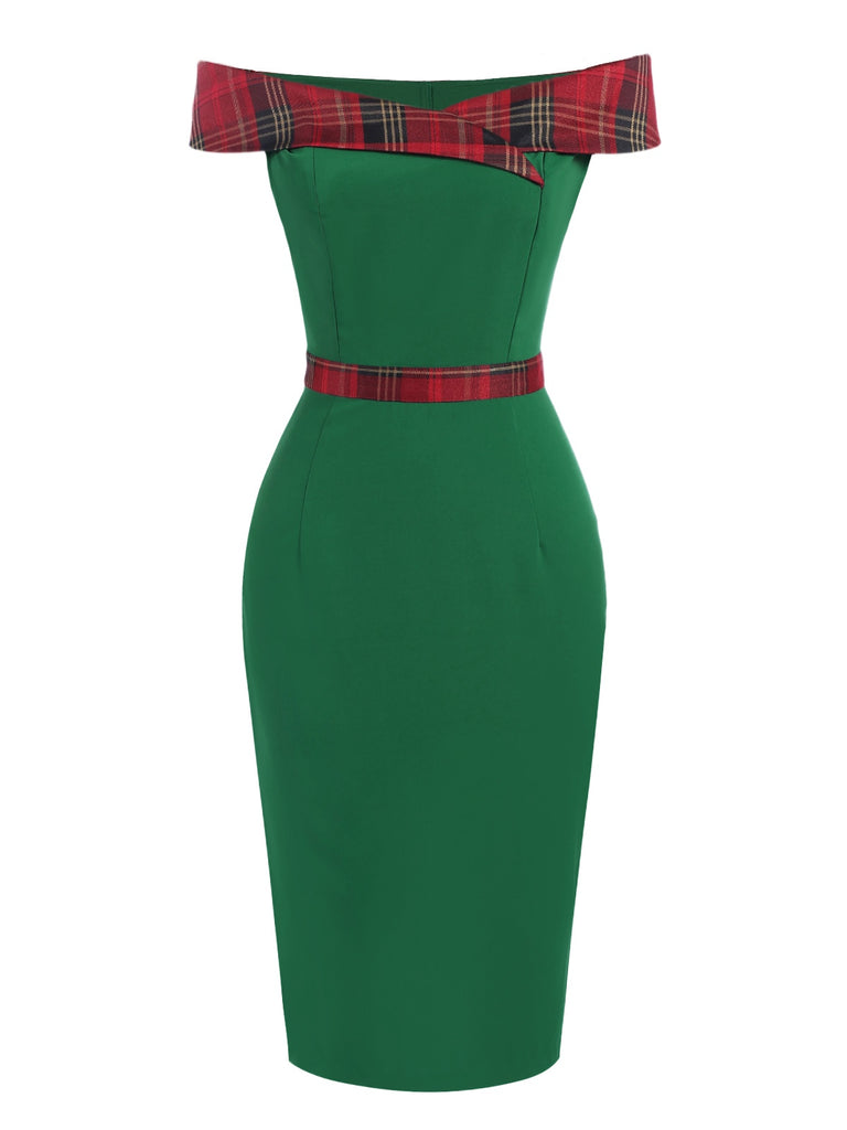 Green 1960s Tartan Patchwork Off-Shoulder Dress: where 1960s romance meets her modern spirit