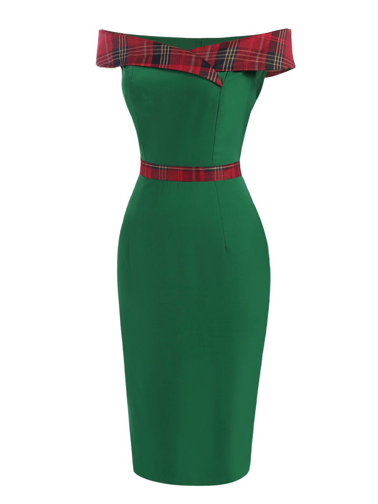 This Green 1960s Tartan Patchwork Off-Shoulder Dress wraps her in 1960s elegance, one twirl at a time