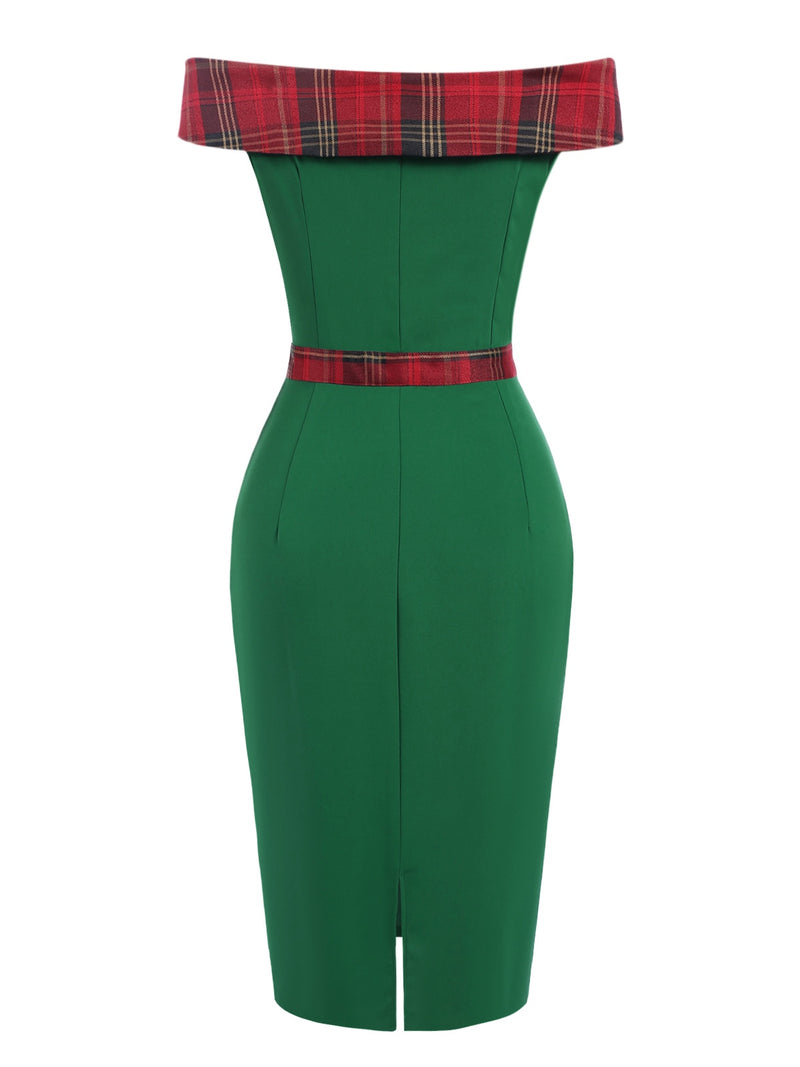 Vintage Tartan Plaid Off-Shoulder Pencil Dress | Women's Xmas Outfits