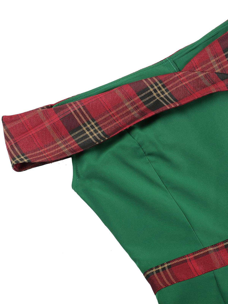 Green 1960s Tartan Patchwork Off-Shoulder Dress — a 1960s silhouette that turns sidewalks into runways