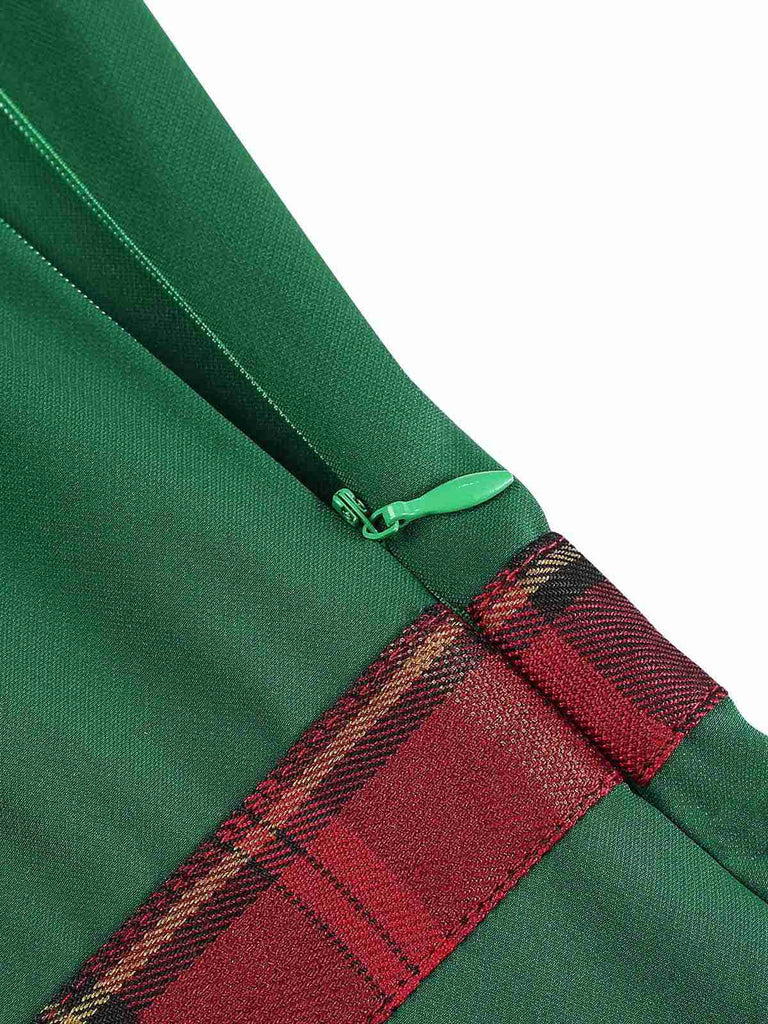 She slips into this Green 1960s Tartan Patchwork Off-Shoulder Dress and suddenly it's a 1960s daydream