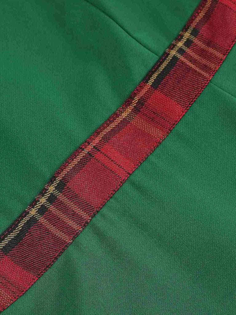 Green 1960s Tartan Patchwork Off-Shoulder Dress: where 1960s romance meets her modern spirit