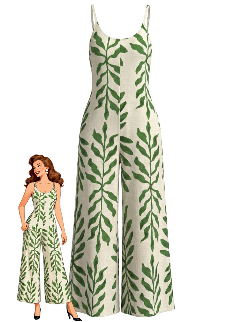 Green 1960s Print V-Neck Jumpsuit