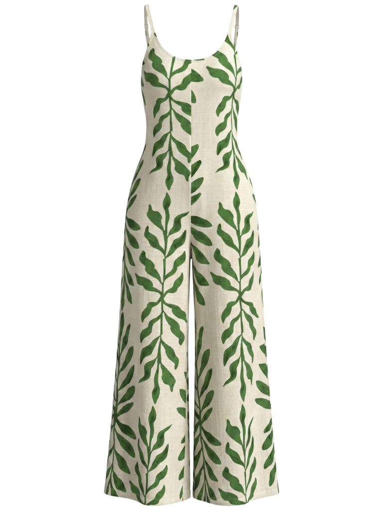 Green 1960s Print V-Neck Jumpsuit