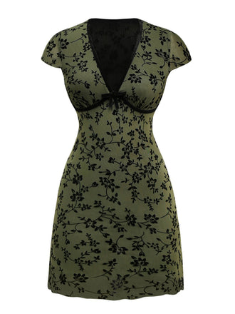 Green 1960s V-Neck Floral Flocked A-line Dress - vintage dress, retro fashion