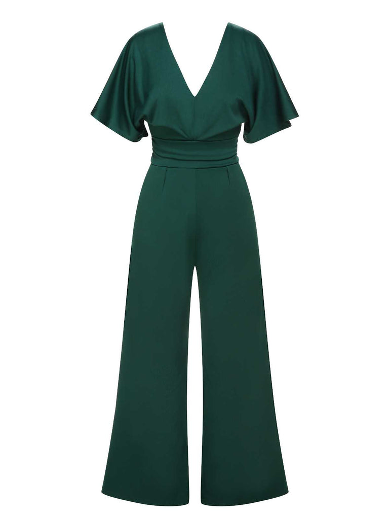 She finds her 1960s story in this Green 1960s V-Neck High Waist Wide-Leg Jumpsuit