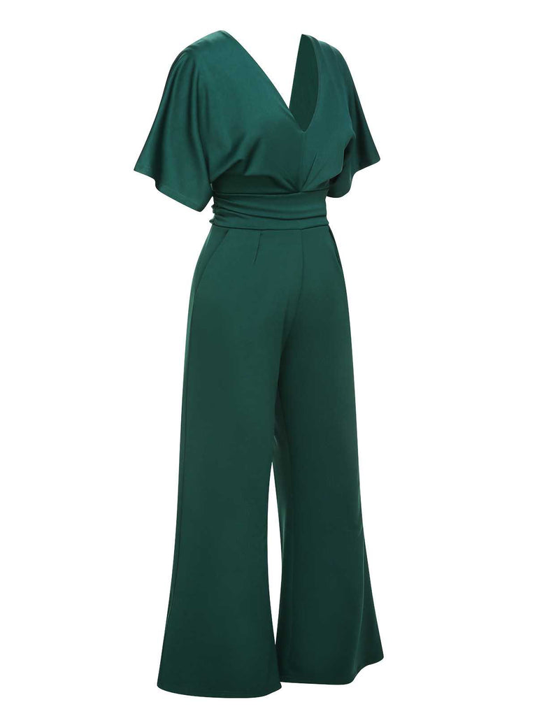 Green 1960s V-Neck High Waist Wide-Leg Jumpsuit: timeless 1960s elegance she makes her own