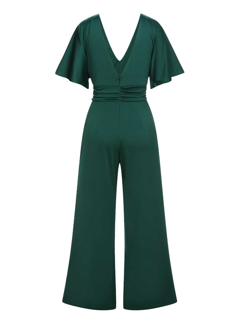 This Green 1960s V-Neck High Waist Wide-Leg Jumpsuit whispers 1960s secrets to those who notice
