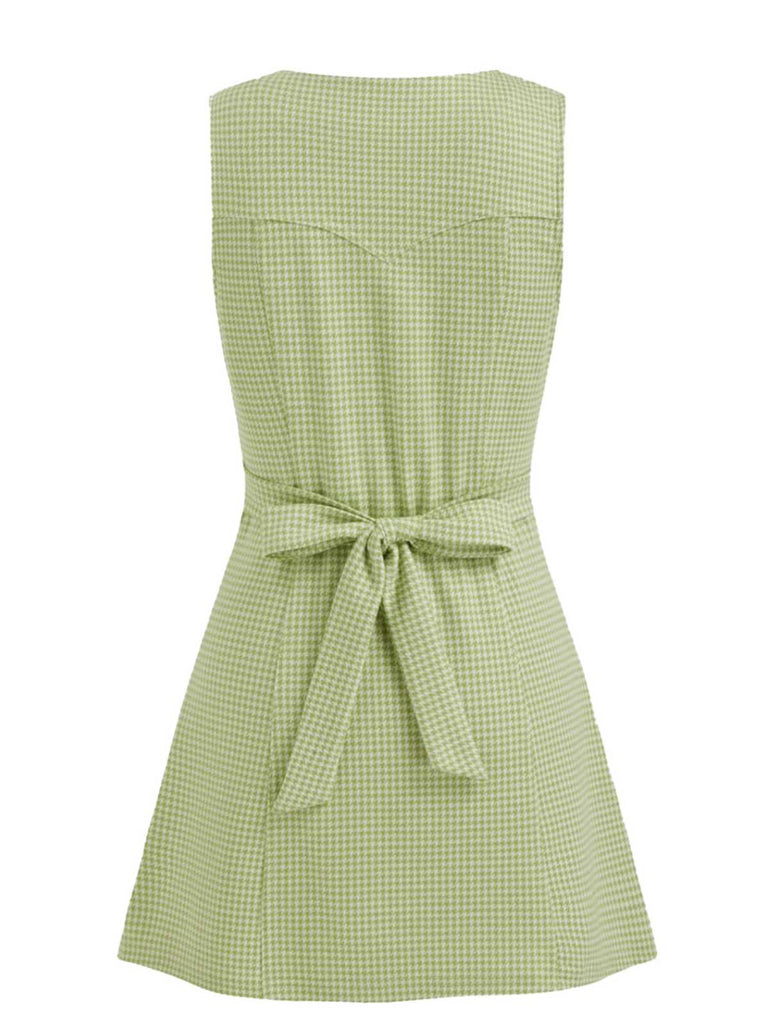 Green 1960s V-Neck Houndstooth Sleeveless Dress - vintage dress, retro fashion