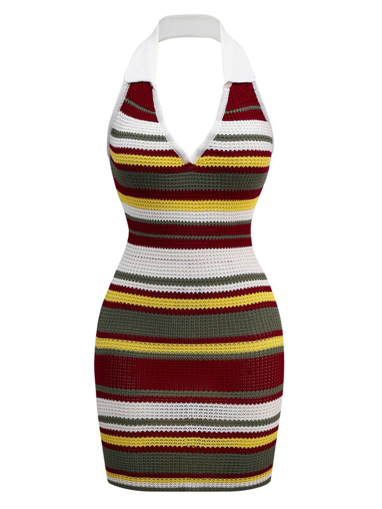 Green 1960s V-Neck Lapel Stripe Knit Dress - vintage dress, retro fashion