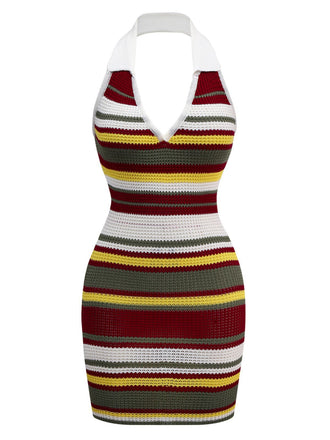 Green 1960s V-Neck Lapel Stripe Knit Dress - vintage dress, retro fashion