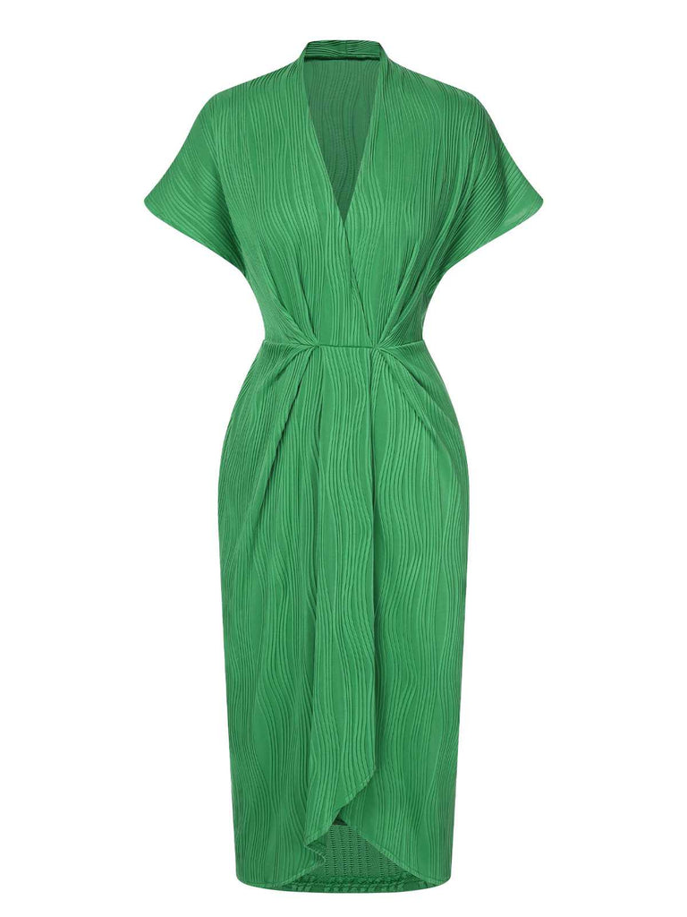 green emerald velvet dress Green 1960s V-Neck Ripple Solid Dress