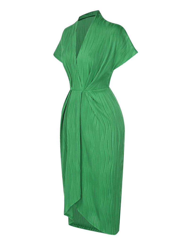 Green 1960s V-Neck Ripple Solid Dress | Retro Stage