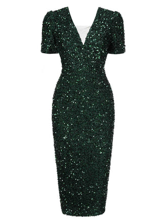 Green 1960s V-Neck Sequined Pencil Dress, vintage dress, retro fashion - perfect for women who love vintage and retro fashion