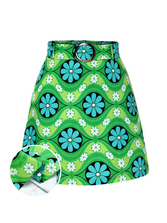 She sways in this Green 1960s Vintage Floral Belted Mini Skirt and it's pure 1960s magic
