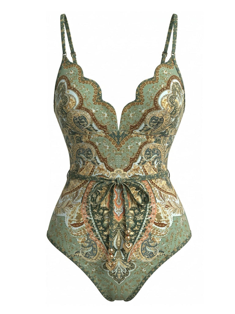 Green 1970s Bohemia Petal Collar One-Piece Swimsuit, vintage swimsuit, pin-up swimwear - perfect for women who love vintage and retro fashion