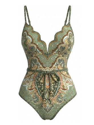 Green 1970s Bohemia Petal Collar One-Piece Swimsuit, vintage swimsuit, pin-up swimwear - perfect for women who love vintage and retro fashion