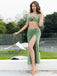 This Green 1970s Boho Beaded Bikini Set & Ruched Cover-Up carries 1970s vacation dreams in every stitch