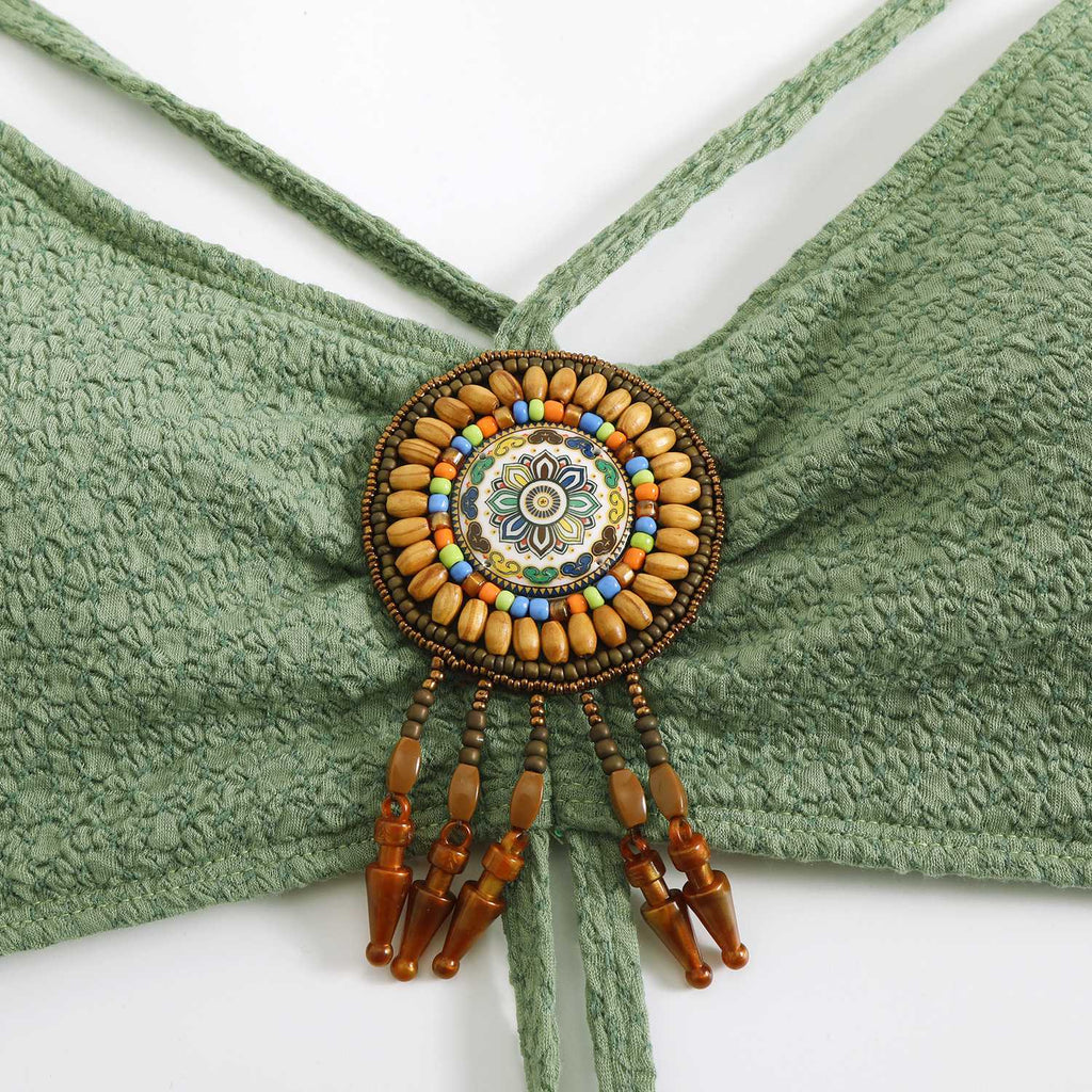 Green 1970s Boho Beaded Bikini Set & Ruched Cover-Up — 1970s poolside glamour meets sun-drenched confidence