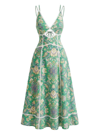 Green-1970s-Boho-Paisley-Floral-Cutout-Backless-Midi-Dress, vintage, retro, dress