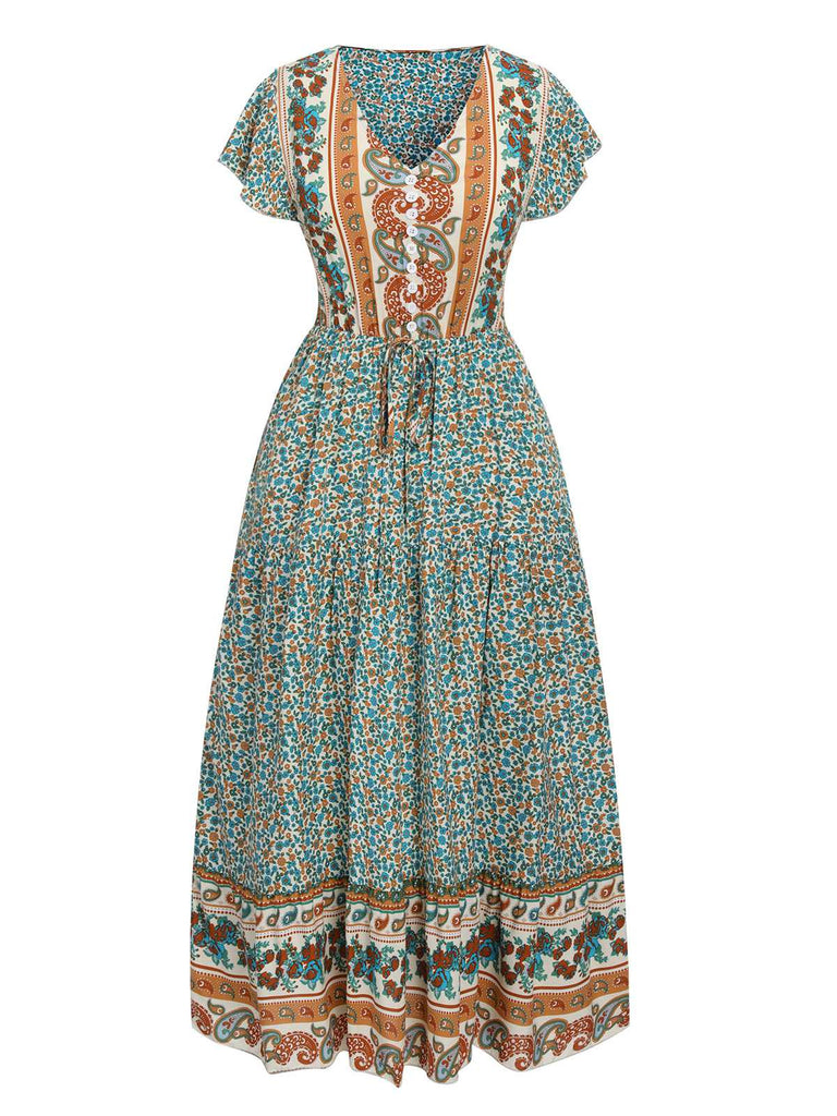 Green 1970s Cap Sleeve Bohemian Dress Green 1970s Cap Sleeve Bohemian Dress