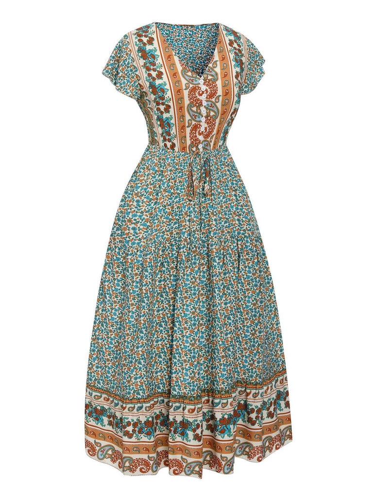 Green 1970s Cap Sleeve Bohemian Dress: where 1970s romance meets her modern spirit
