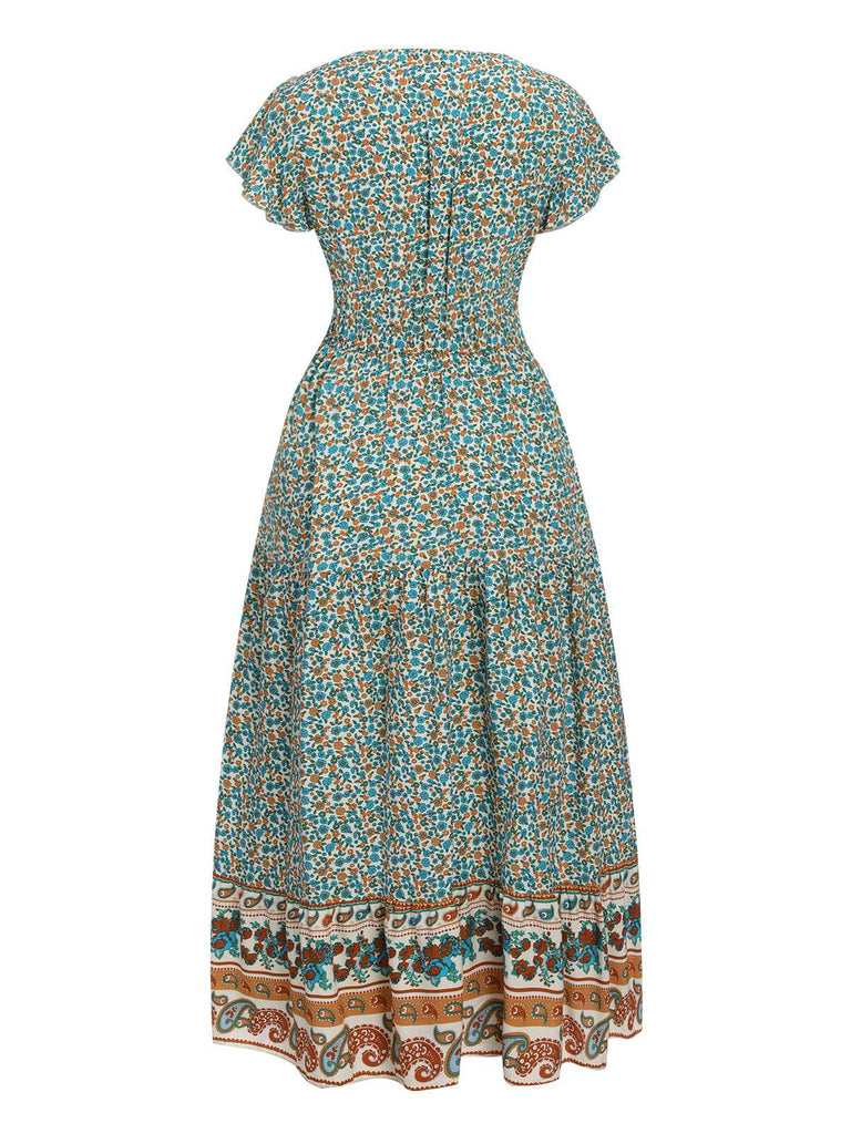 This Green 1970s Cap Sleeve Bohemian Dress wraps her in 1970s elegance, one twirl at a time