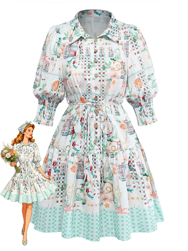 Green 1970s Coastal Puff Sleeve Shirt Dress