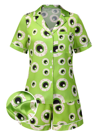Green 1970s Halloween Eyeball Lapel Pajama Set, vintage fashion, retro style - perfect for women who love vintage and retro fashion