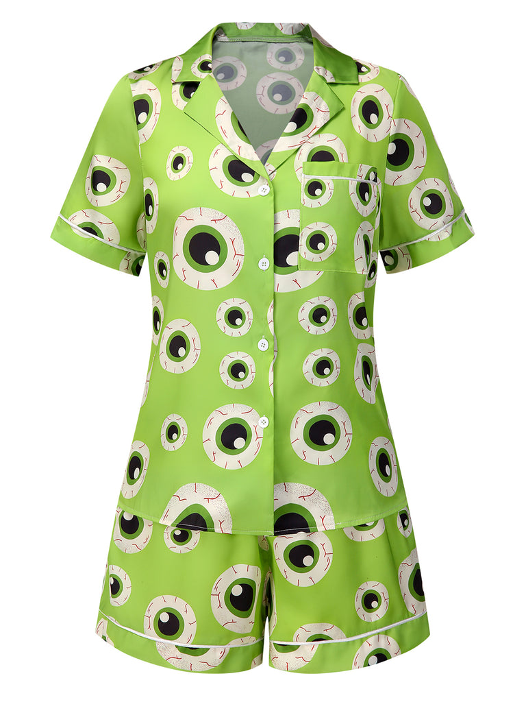 Green 1970s Halloween Eyeball Lapel Pajama Set, vintage fashion, retro style - perfect for women who love vintage and retro fashion