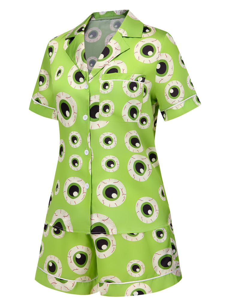 Green 1970s Halloween Eyeball Lapel Pajama Set, vintage fashion, retro style - perfect for women who love vintage and retro fashion