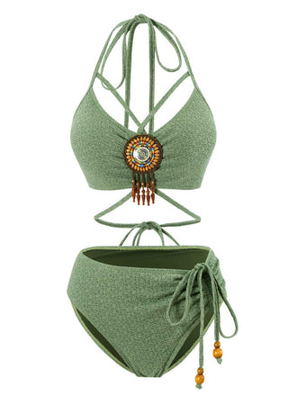 She's wearing Green 1970s Halter Boho Beaded Bikini Set and the whole beach remembers the 1970s