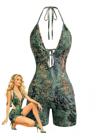 Green 1970s Halter Deep-V Leopard Print Cutout Romper, vintage romper, retro jumpsuit - perfect for women who love vintage and retro fashion