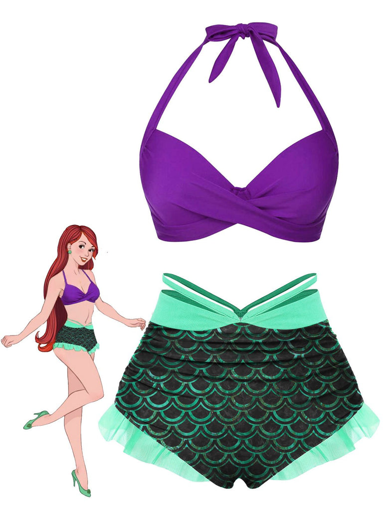 She's wearing Green 1970s Halter Mermaid Scales Swimsuit and the whole beach remembers the 1970s