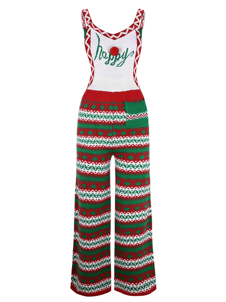 She finds her 1970s story in this Green 1970s Happy Christmas Straps Knitted Jumpsuit