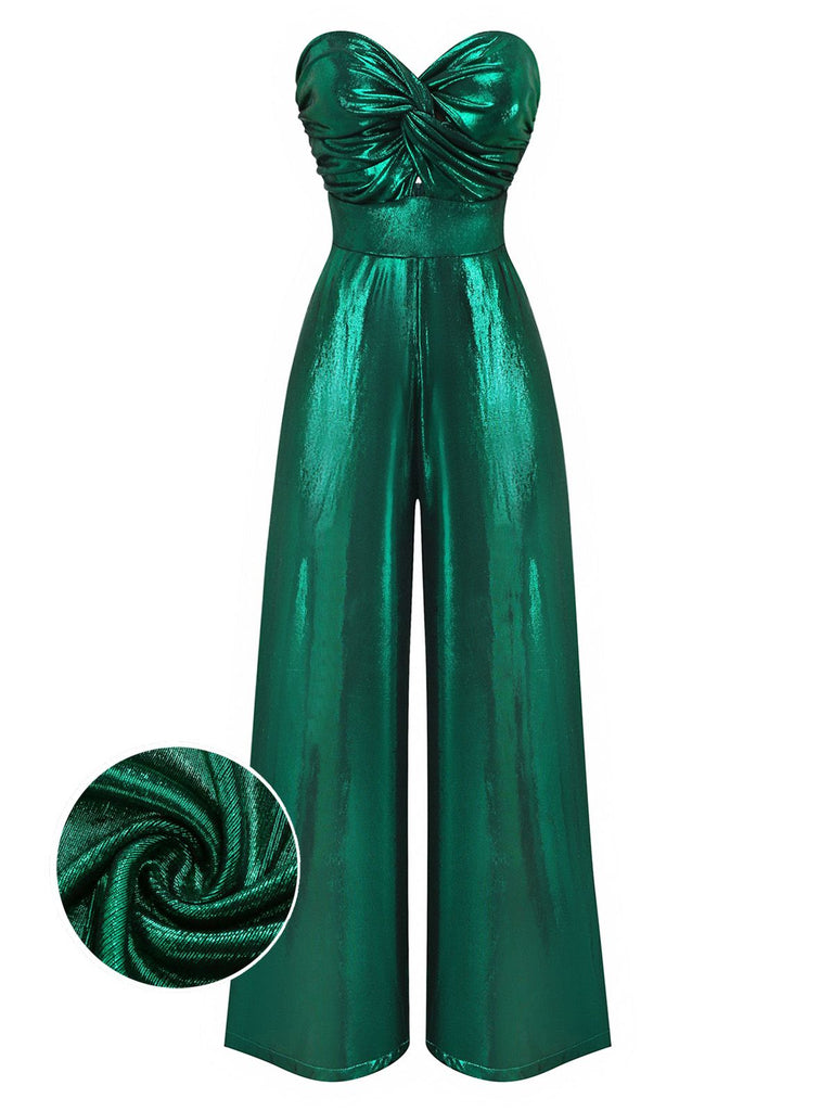 Metallic Jumpsuit | Glossy Sweetheart Neck Strapless Back Cut-Out Holiday Jumpsuit | 70s Outfit | Green Metallic Jumpsuit | Glossy Sweetheart Neck Strapless Back Cut-Out Holiday Jumpsuit | 70s Outfit | Green