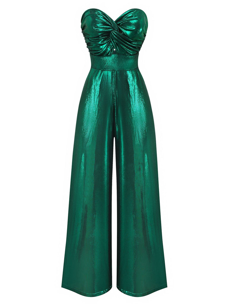Green 1970s Knotted Cut-Out Glossy Jumpsuit - vintage jumpsuit, retro fashion